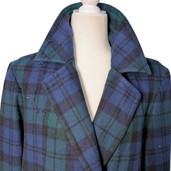 Vintage Checked 100% Wool Coat with Austrian Crystals - Blue Green Tartan - Picture 8 of 15
